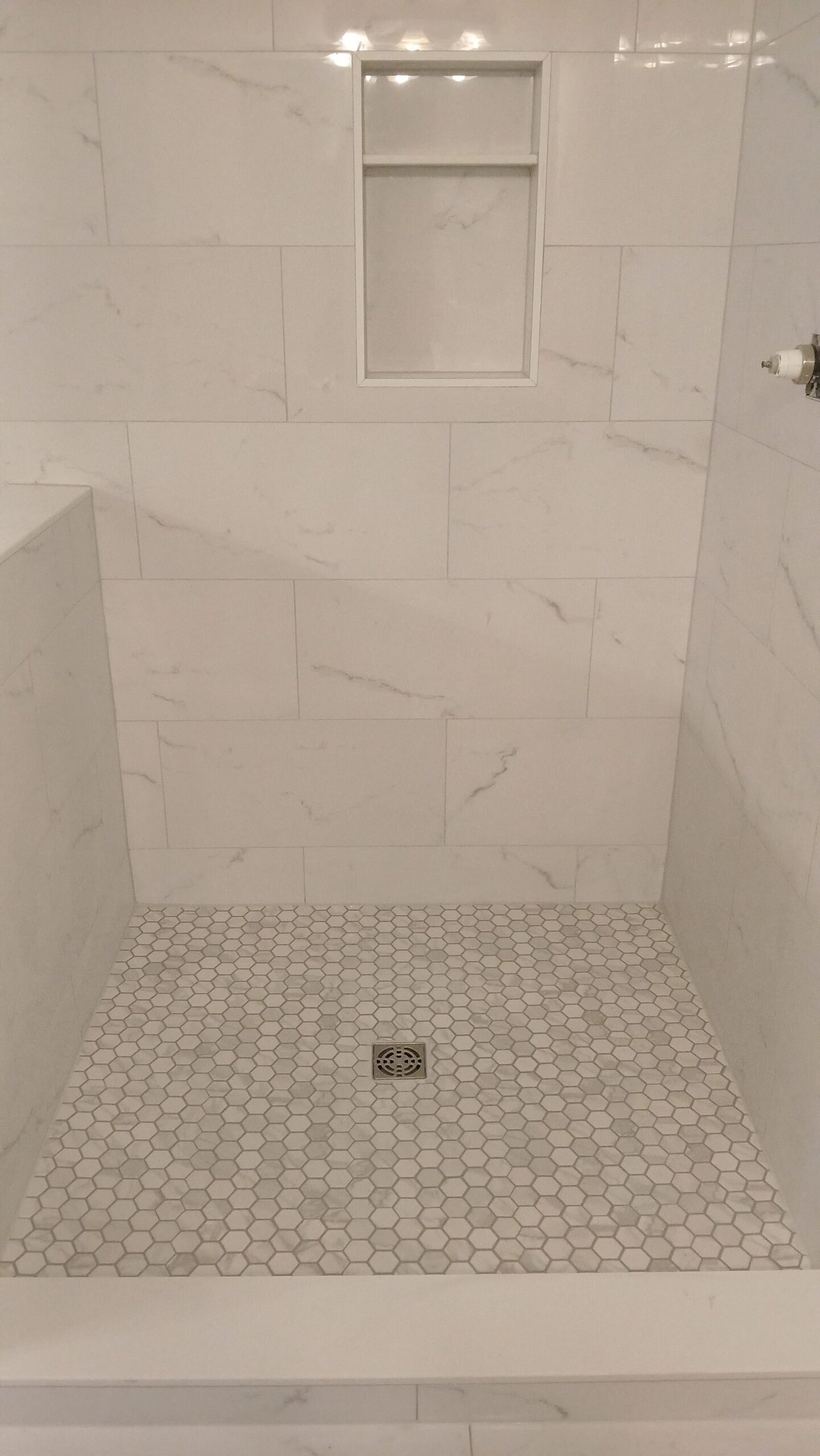 Frameless glass walk-in shower with hexagon tile floor
