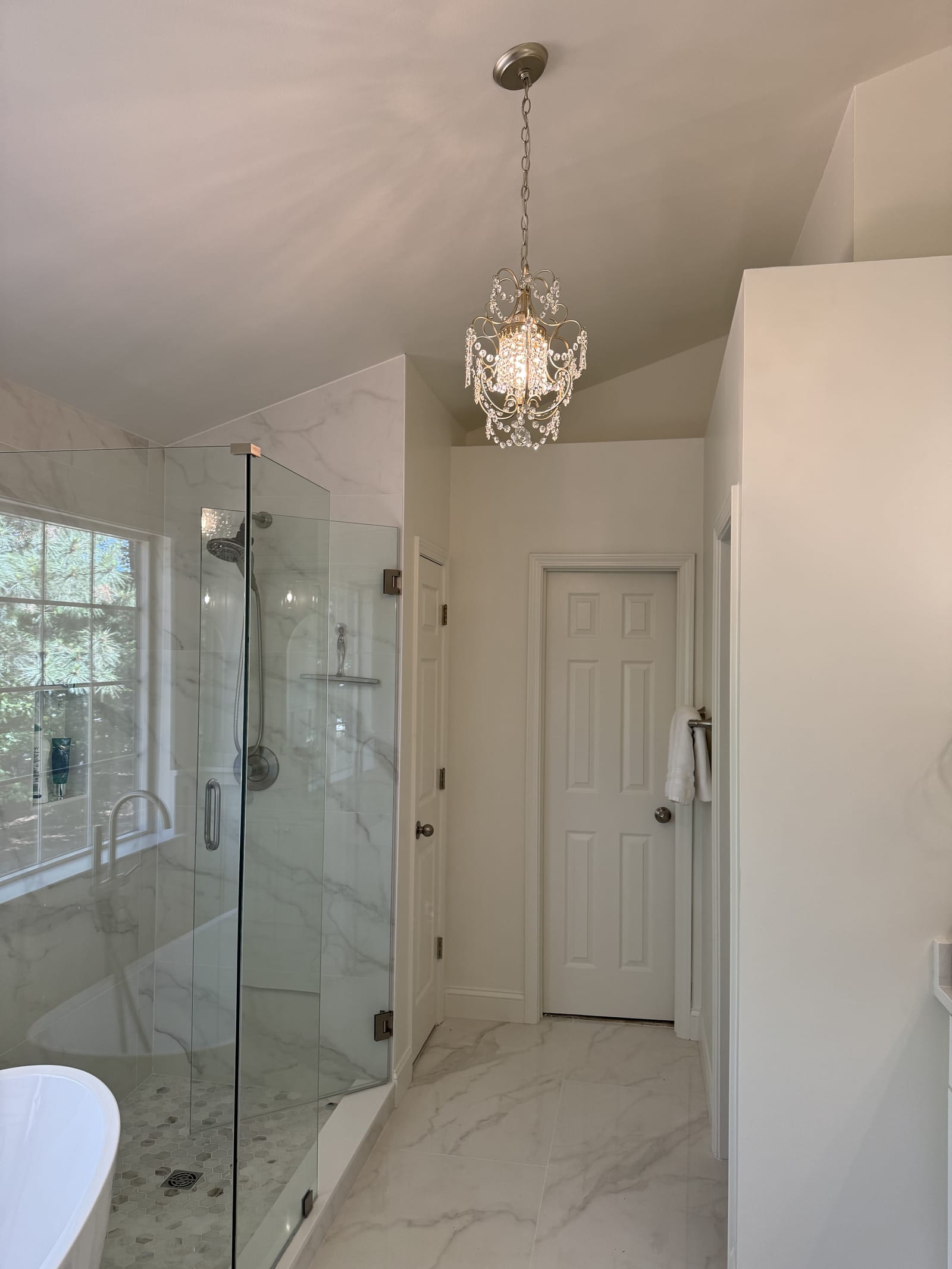 Walk-in shower conversion with marble tile in Cumming, GA